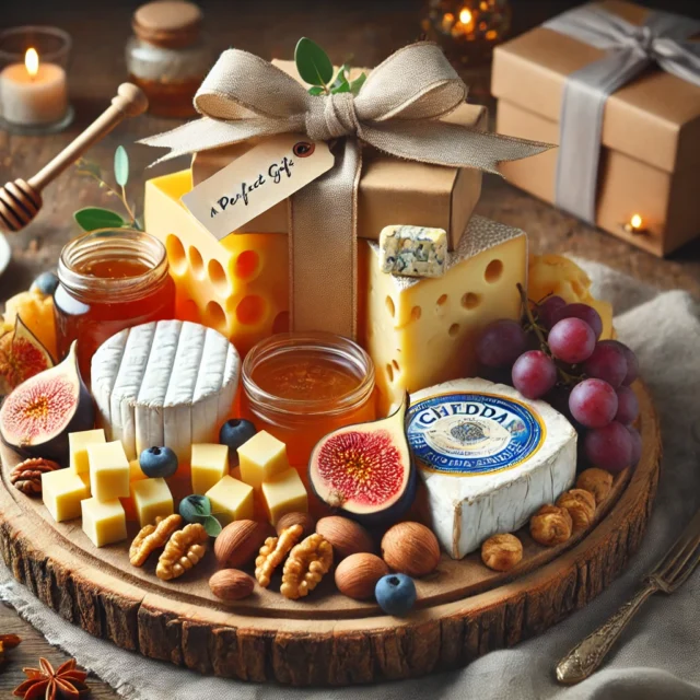 DALL·E 2025-03-19 11.38.49 - A beautifully arranged cheese gift set on a rustic wooden board. The set includes various cheeses such as brie, cheddar, gouda, and blue cheese, along